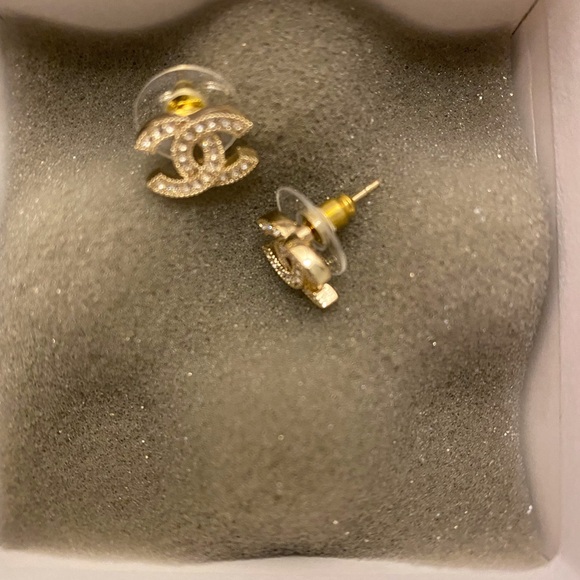 Chanel Gold Metal and Silver Crystal Mini Tiny Classic Stud Earrings - Picture 8 of 10